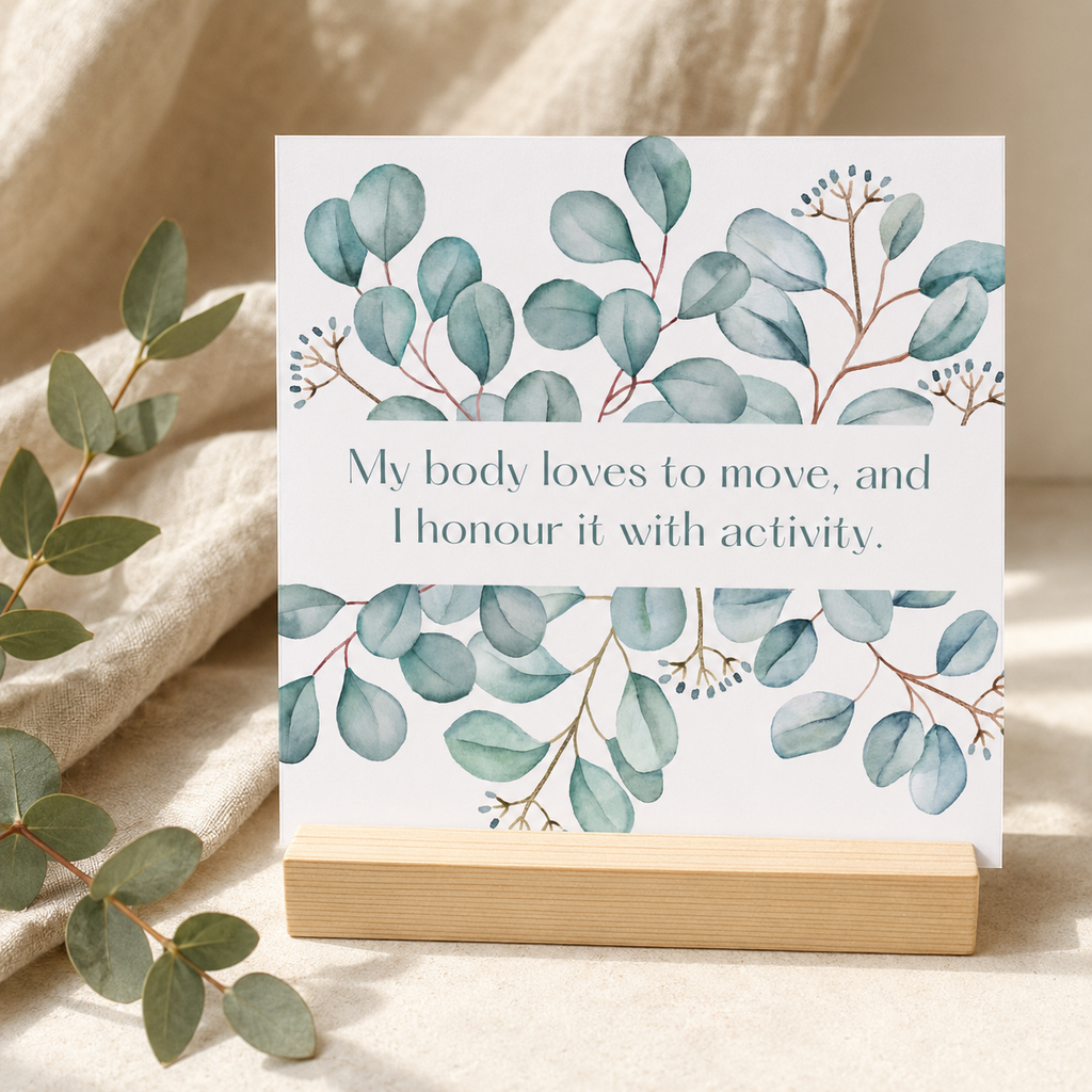 A square white card with watercolor eucalyptus leaves and the text 'My body loves to move, and I honour it with activity.' displayed on a small wooden stand, set against a soft beige fabric backdrop with eucalyptus stems nearby.