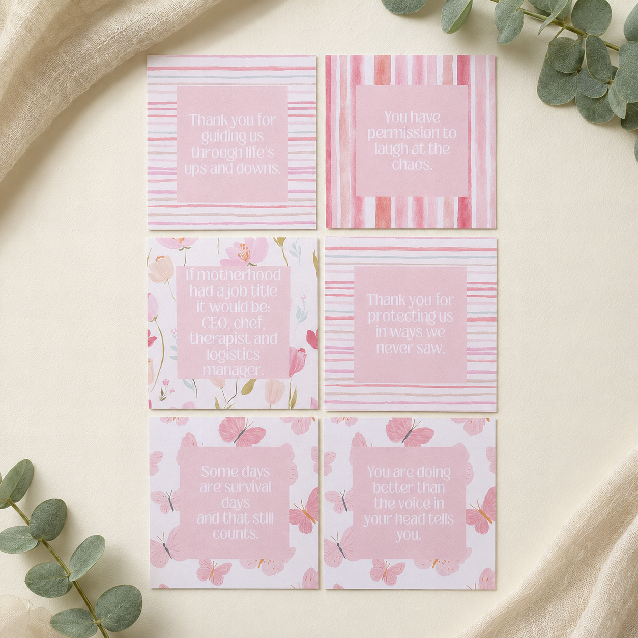 Six pink and white personalized mother's day thank you cards arranged in a 2x3 grid on a cream fabric background with eucalyptus leaves.