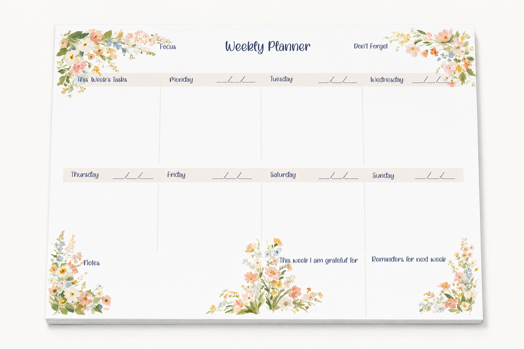 A weekly planner notepad with a white background, decorated with pastel watercolor floral designs in the corners. The top section has columns for Focus, Don't Forget, and other days of the week, with additional writing spaces below.