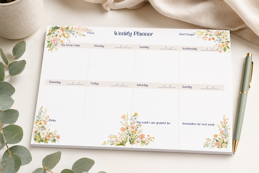 A floral weekly planner pad displayed on a light surface with a green pen, eucalyptus leaves, and a ceramic cup nearby. The planner has watercolor-style flowers in soft peach, yellow, and green tones with sections for each day of the week and prompts at the top.