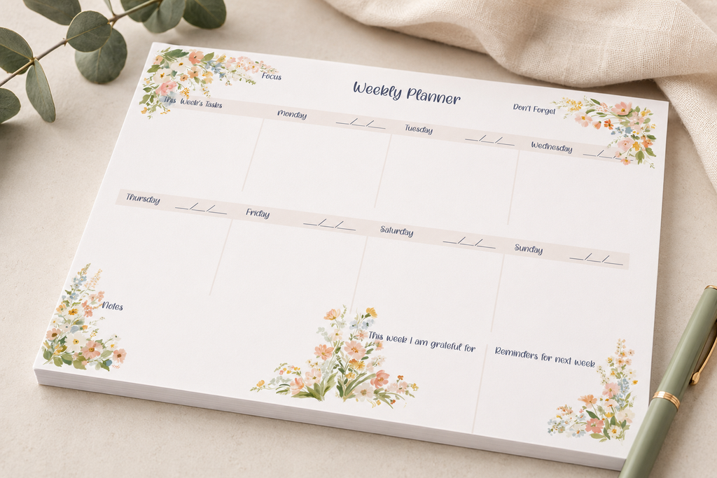 A white weekly planner pad with delicate pastel floral illustrations in the corners and center, styled on a light beige surface with a green pen, beige fabric, and eucalyptus leaves.