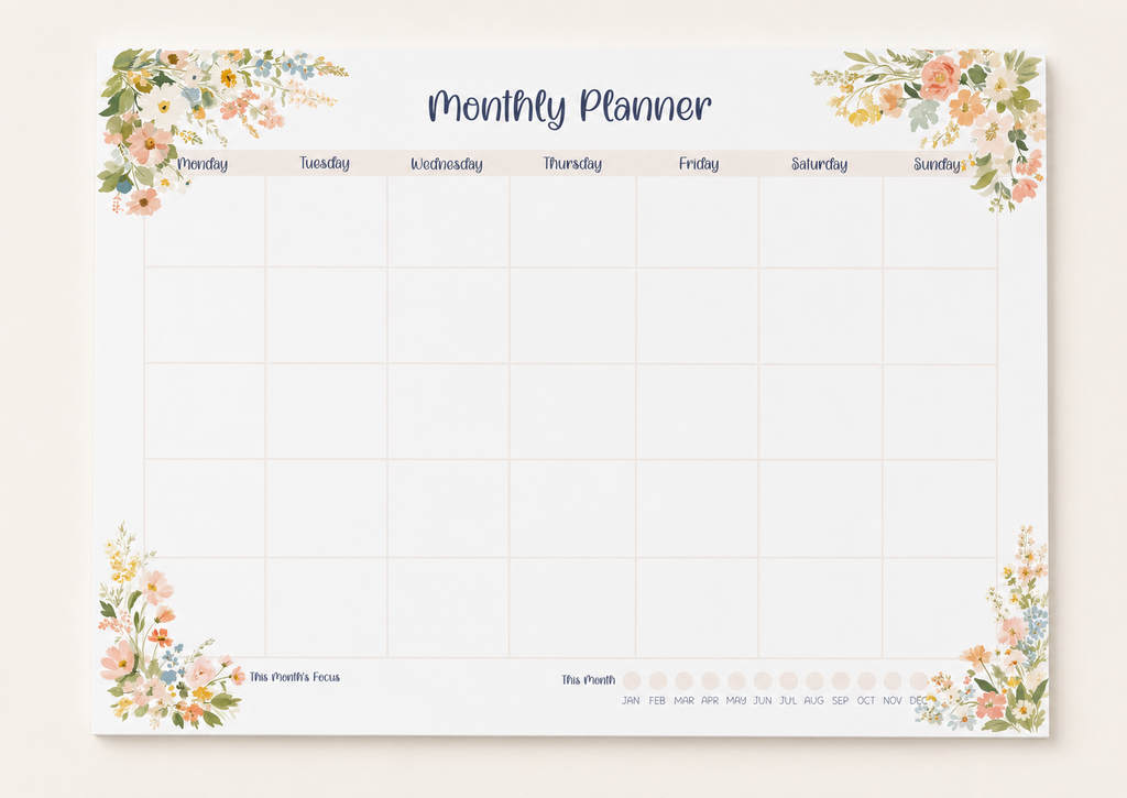 A monthly planner pad with a white grid layout, decorated with pastel watercolor floral corners and a navy blue 'Monthly Planner' title at the top.