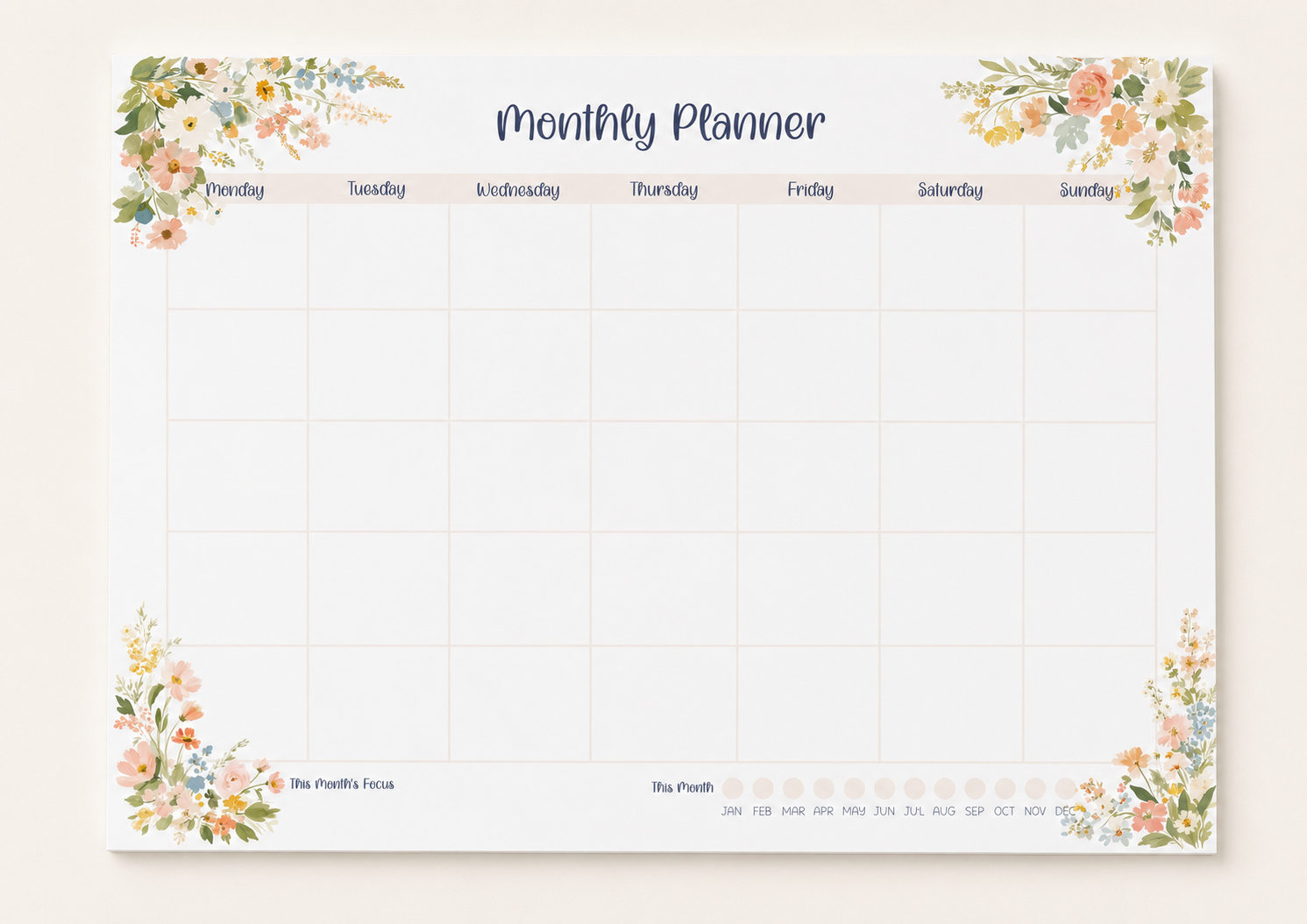 A monthly planner pad with a white grid layout, decorated with pastel watercolor floral corners and a navy blue 'Monthly Planner' title at the top.