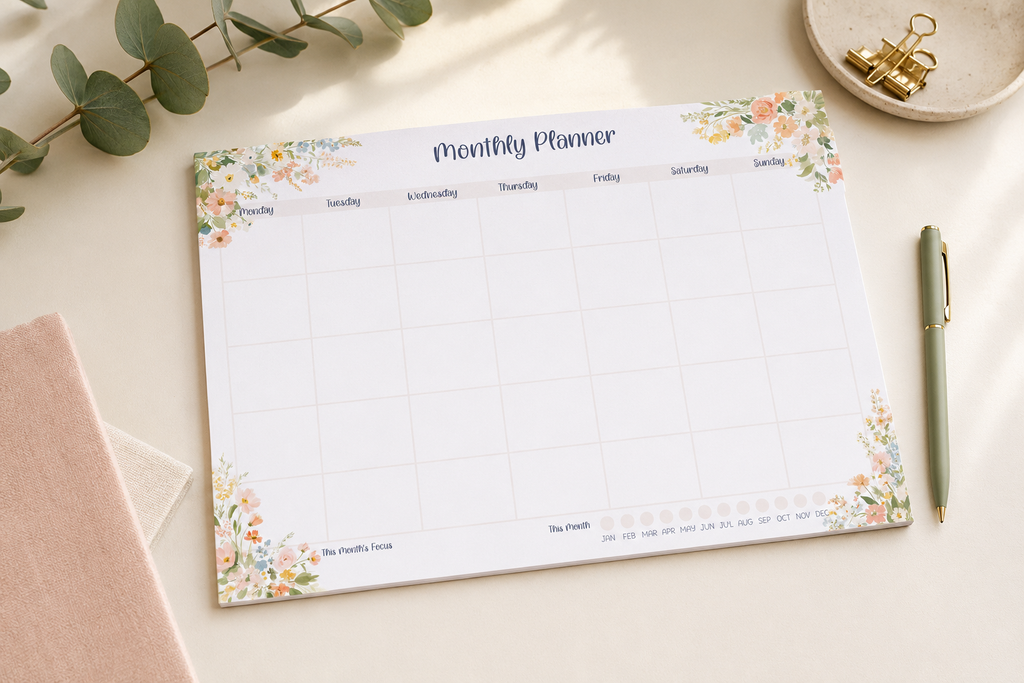 A floral monthly planner pad laid flat on a light beige surface, surrounded by styled props including greenery, a pink notebook corner, a gold pen, and a small dish with clips.