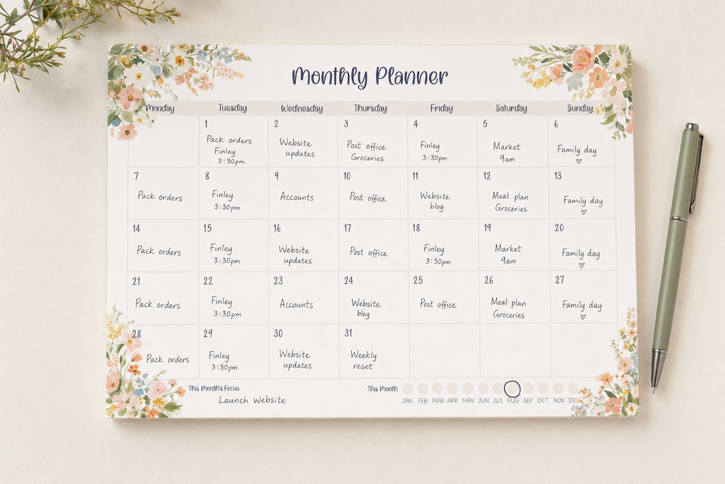 A floral monthly planner pad shown from above on a light beige surface, with a silver pen to the right and small greenery in the top corner. The planner has a white page with pastel peach and green watercolor flowers around the border and a printed calendar grid for the month.