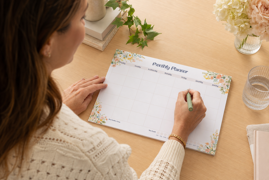 A woman sits at a wooden table writing in a floral monthly planner pad with a green marker. The scene includes a glass of water, a vase of flowers, and stacked books in a warm, styled setting.