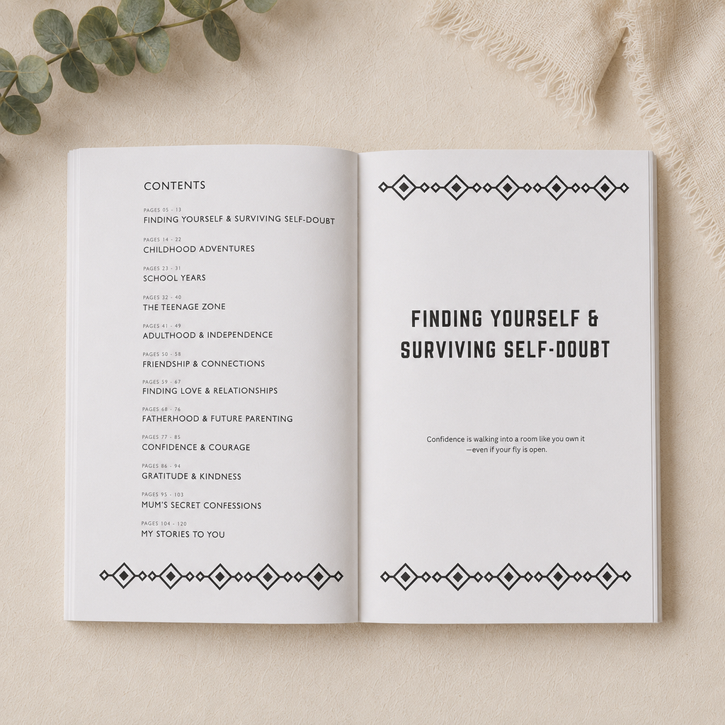 An open book laid flat on a light beige fabric background, showing the table of contents and a quote page from 'Finding Yourself & Surviving Self-Doubt'. The pages are white with black text and decorative geometric borders, with eucalyptus leaves and a textured cream fabric visible around it.