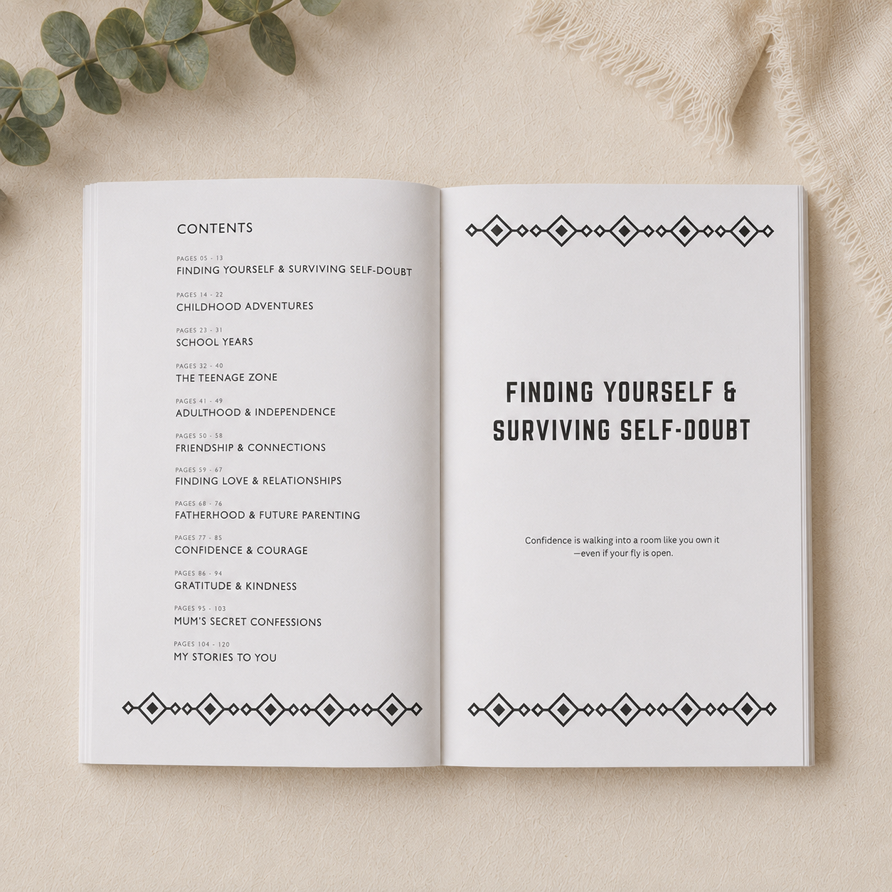 An open book laid flat on a light beige fabric background, showing the table of contents and a quote page from 'Finding Yourself & Surviving Self-Doubt'. The pages are white with black text and decorative geometric borders, with eucalyptus leaves and a textured cream fabric visible around it.