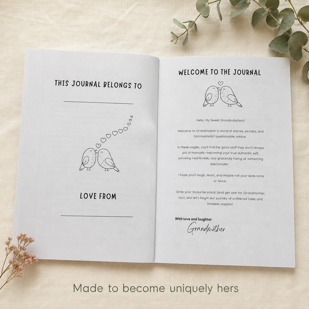 An open personalized journal displayed flat on a light beige fabric background with decorative eucalyptus leaves. The left page reads 'THIS JOURNAL BELONGS TO' with a simple bird illustration and 'LOVE FROM', while the right page says 'WELCOME TO THE JOURNAL' with a matching bird illustration and a cursive signature block.