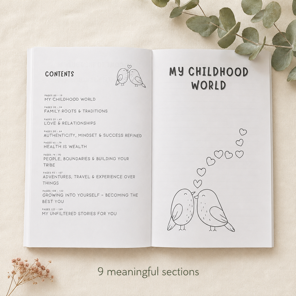 An open book or journal spread laid flat on a light beige fabric surface, with eucalyptus leaves around it. The left page shows a contents list with small bird illustrations, and the right page reads “MY CHILDHOOD WORLD” with heart line drawings.