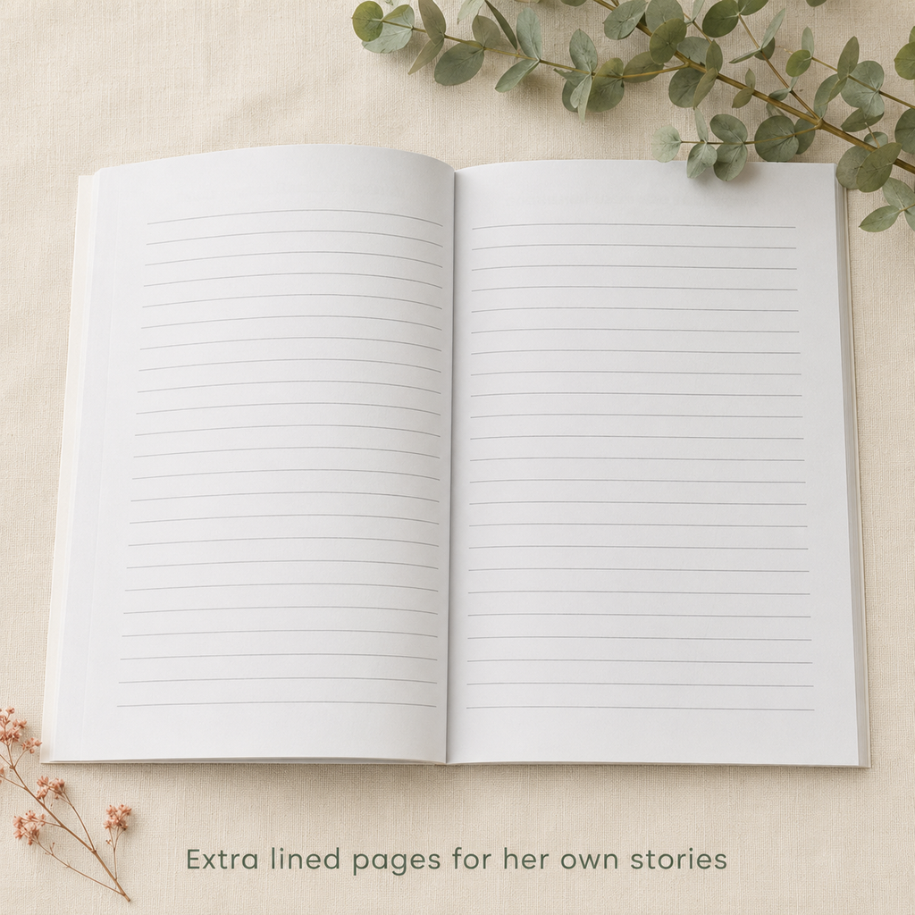 An open blank lined journal or notebook laid flat on a light beige fabric surface, with eucalyptus leaves around it and the text 'Extra lined pages for her own stories' at the bottom.