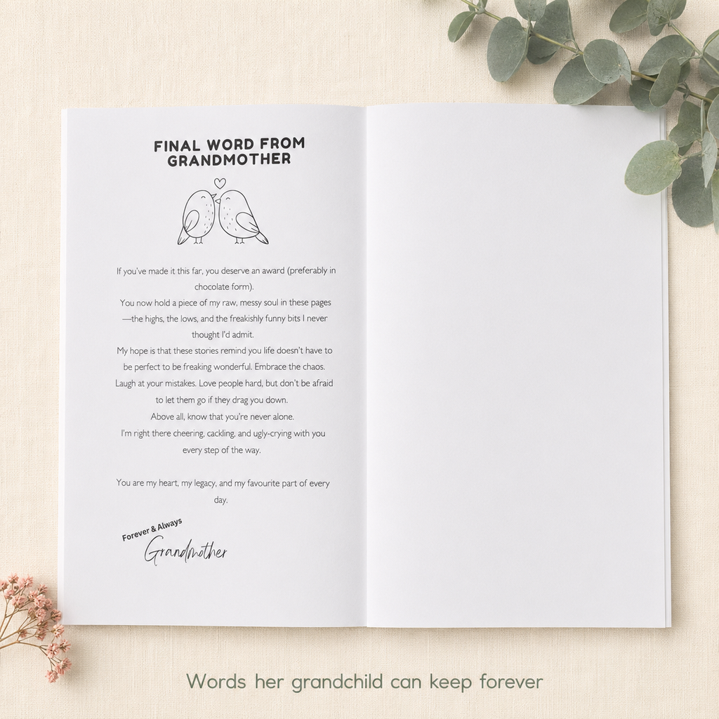 An open printed card or book page laid flat on a light beige surface, with a poem titled 'FINAL WORD FROM GRANDMOTHER' and a signature reading 'Forever Love Grandmother.' Decorative greenery and small flowers frame the page, and text below reads 'Words her grandchild can keep forever.