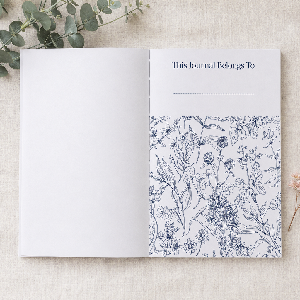 An open journal or notebook laid flat on a light fabric surface, with the left page blank and the right page showing the heading 'This Journal Belongs To' above a blue floral line-art pattern.