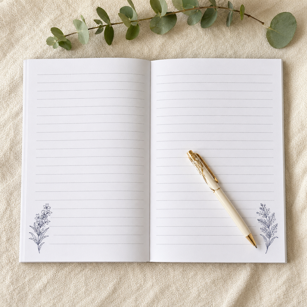 An open lined notebook with two botanical corner illustrations, styled on a beige textured fabric with eucalyptus leaves and a gold pen resting on the pages.