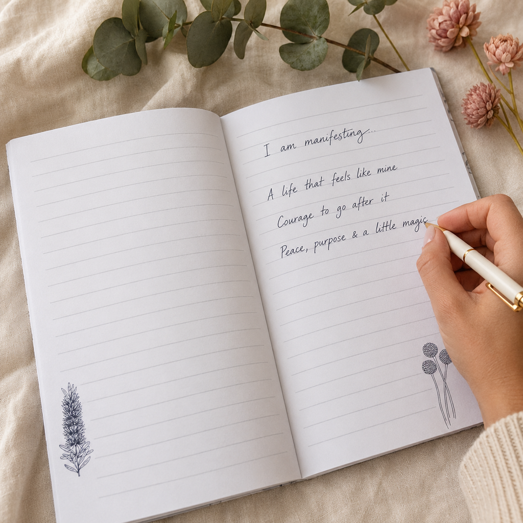 An open lined journal lying on a beige fabric surface, with a hand holding a white pen writing on the right page. The pages have handwritten inspirational text and small botanical illustrations, with eucalyptus leaves and pink flowers arranged around it.