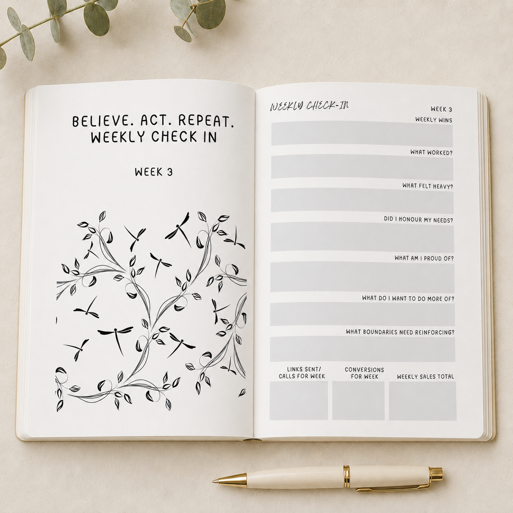 An open bullet journal showing a weekly check-in page with black text and black leaf illustrations on white pages, styled on a light beige surface with a cream pen and eucalyptus leaves.