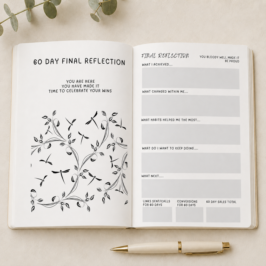 An open bullet journal spread showing a 60-day reflection page with black text and line art on white paper, photographed on a light beige surface with a cream pen below and eucalyptus leaves at the top.
