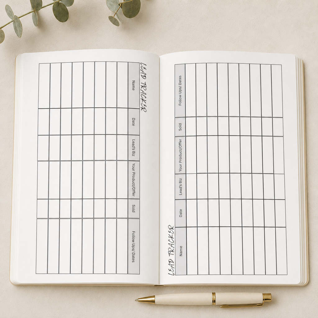 An open white planner or journal spread showing two printed tables with columns for notes, date, tasks, and sales, styled on a light beige surface with a gold pen and eucalyptus leaves.